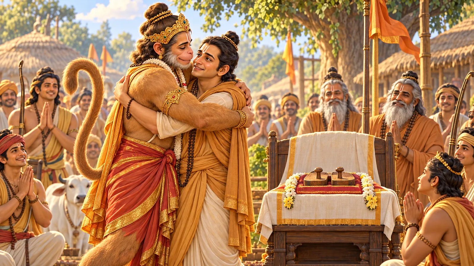 Hanuman announces Ram's return at Nandigrama and Bharat embraces him beside the khadau resting upon the throne