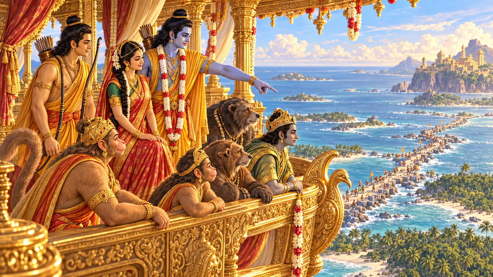 Ram sits with Sita, Lakshman, and their companions in the Pushpaka and points down towards the ocean causeway and places from their journey
