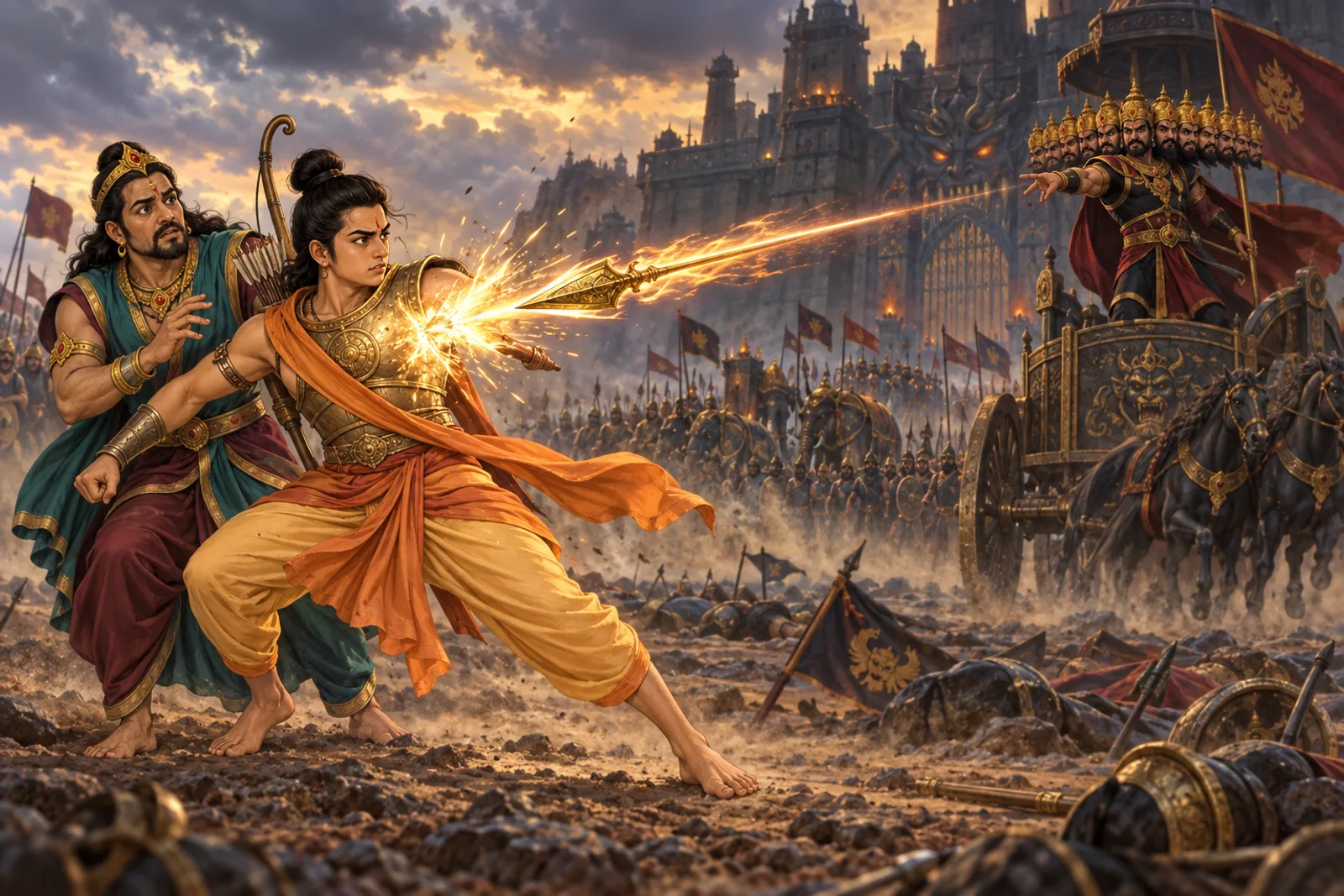 Ravana hurls a spear of terrible power at Vibhishana as Lakshman steps forward to take the blow in his place