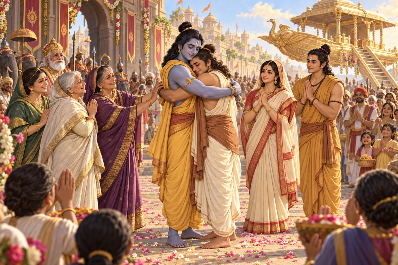 Ram lifts Bharat into an embrace as the Pushpaka descends before the gathered people of Ayodhya