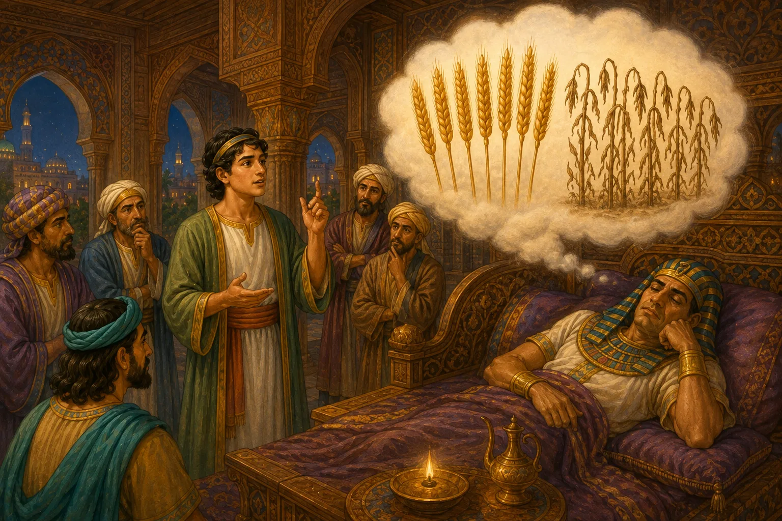 Yusuf interprets the ruler's dream of seven full golden stalks and seven dry stalks of grain