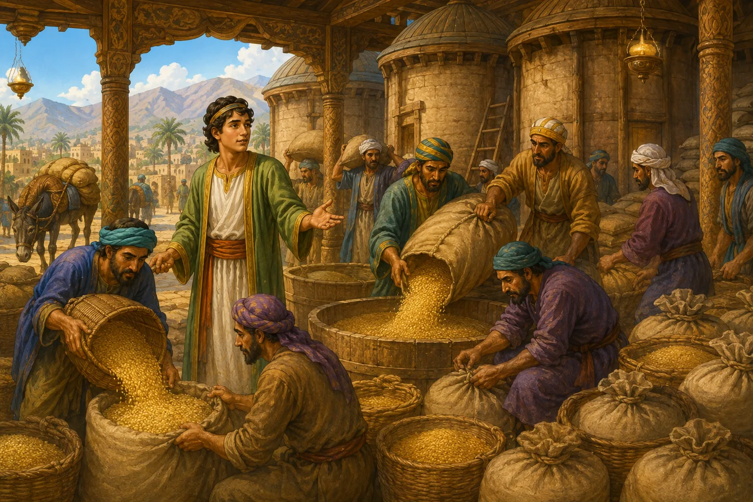 Workers pour grain into repaired granaries while Yusuf directs the shared preparation without written tallies